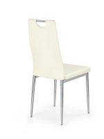 Jedilni stol K202 je dobavljiv v krem umetnem usnju s kovinskimi inox nogami. Dimenzija: - Š:44/G:59/V:97 cm, Material: - kovinsko podnožje - INOX - krem