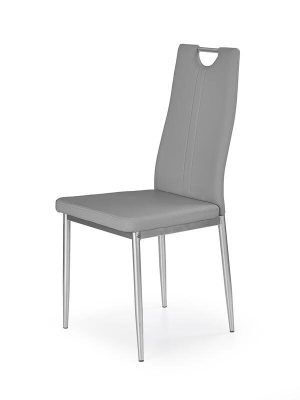 Jedilni stol K202 je dobavljiv v sivem umetnem usnju s kovinskimi inox nogami. Dimenzija: - Š:44/G:59/V:97 cm, Material: - kovinsko podnožje - INOX - sivo