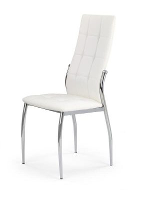 Jedilni stol K202 je dobavljiv v belem umetnem usnju s kovinskimi inox nogami. Dimenzija: - Š:43/G:54/V:101 cm, Material: - kovinsko podnožje - INOX - belo