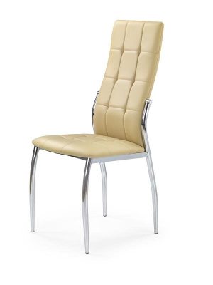 Jedilni stol K202 je dobavljiv v bež umetnem usnju s kovinskimi inox nogami. Dimenzija: - Š:43/G:54/V:101 cm, Material: - kovinsko podnožje - INOX - bež