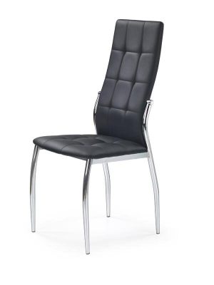 Jedilni stol K202 je dobavljiv v črnem umetnem usnju s kovinskimi inox nogami. Dimenzija: - Š:43/G:54/V:101 cm, Material: - kovinsko podnožje - INOX - črno