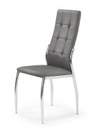 Jedilni stol K202 je dobavljiv v sivem umetnem usnju s kovinskimi inox nogami. Dimenzija: - Š:43/G:54/V:101 cm, Material: - kovinsko podnožje - INOX - sivo