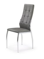 Jedilni stol K202 je dobavljiv v sivem umetnem usnju s kovinskimi inox nogami. Dimenzija: - Š:43/G:54/V:101 cm, Material: - kovinsko podnožje - INOX - sivo
