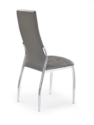 Jedilni stol K202 je dobavljiv v sivem umetnem usnju s kovinskimi inox nogami. Dimenzija: - Š:43/G:54/V:101 cm, Material: - kovinsko podnožje - INOX - sivo