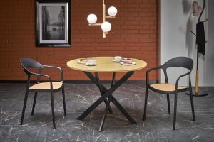 Okrogla jedilna miza EDGAR, mizna plošča je izdelana iz furniranega MDF-ja-melamina, v barvi zlatega hrasta. Noge so izdelane iz prašno barvanega jekla, v