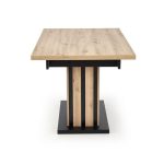 Raztegljiva jedilna miza LAMELLO 160 / 210 je narejena iz kakovostne laminirane plošče v barvi artisan hrast. Nogice so v črni barvi s kombinacijo artisan