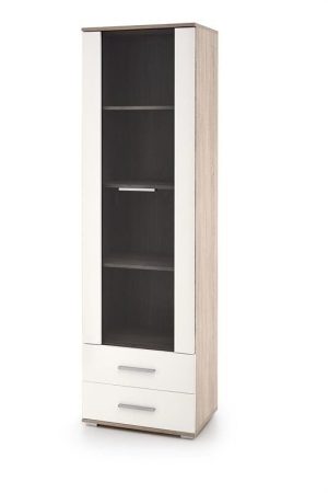 Vitrina LIMA sonoma / bela je narejen iz kakovostne laminirane plošče v barvi sonoma. Ima ABS robove, ki ščitijo pred udarci, vlago in praskami. V