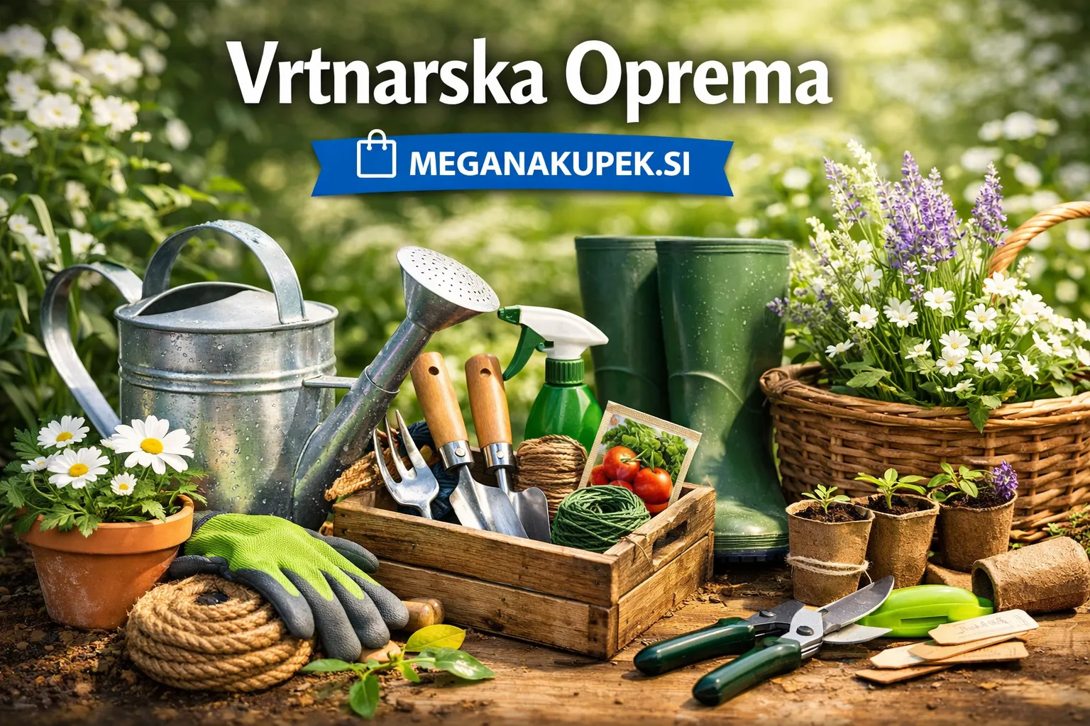 Vrtnarska oprema za vrt in sajenje – zalivalka, vrtno orodje, rokavice, sadike in pripomočki za urejen vrt