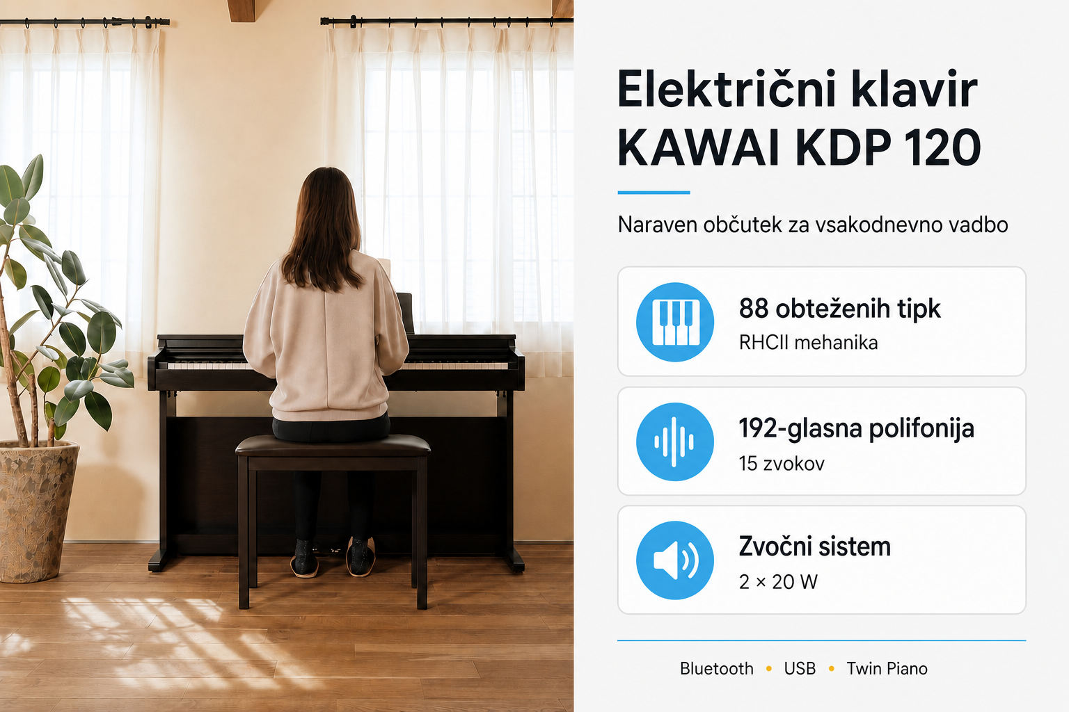Električni klavir KAWAI KDP 120 z 88 tipkami in zvočnim sistemom 2 x 20 W