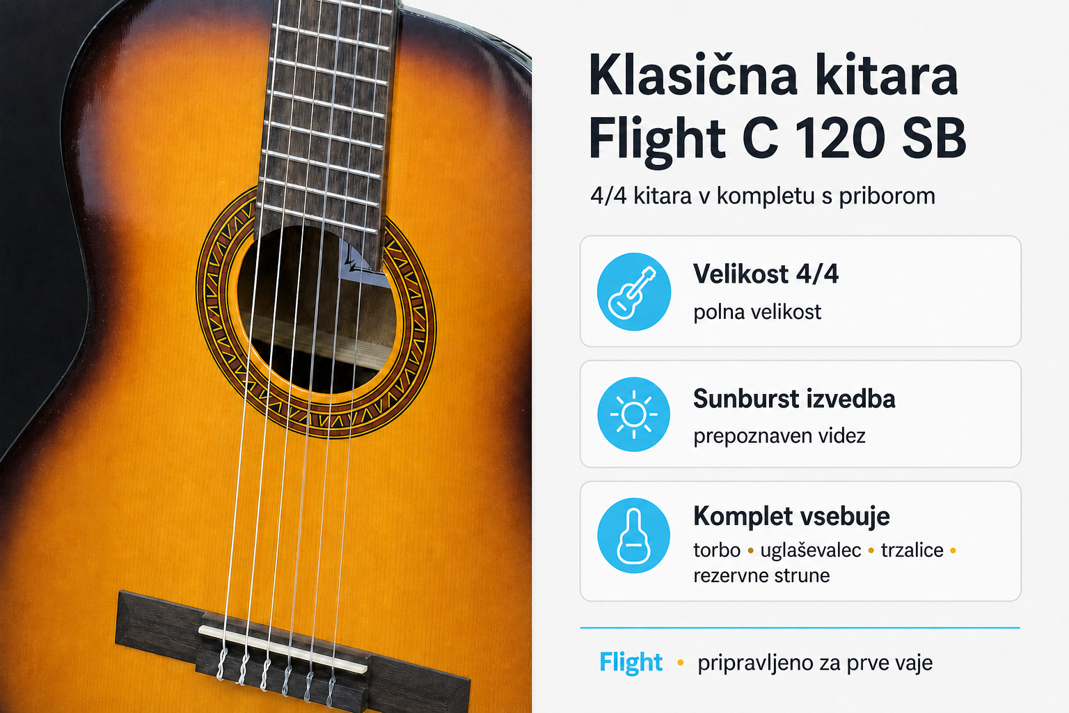 Klasična kitara Flight C 120 SB v sunburst izvedbi s torbo in priborom
