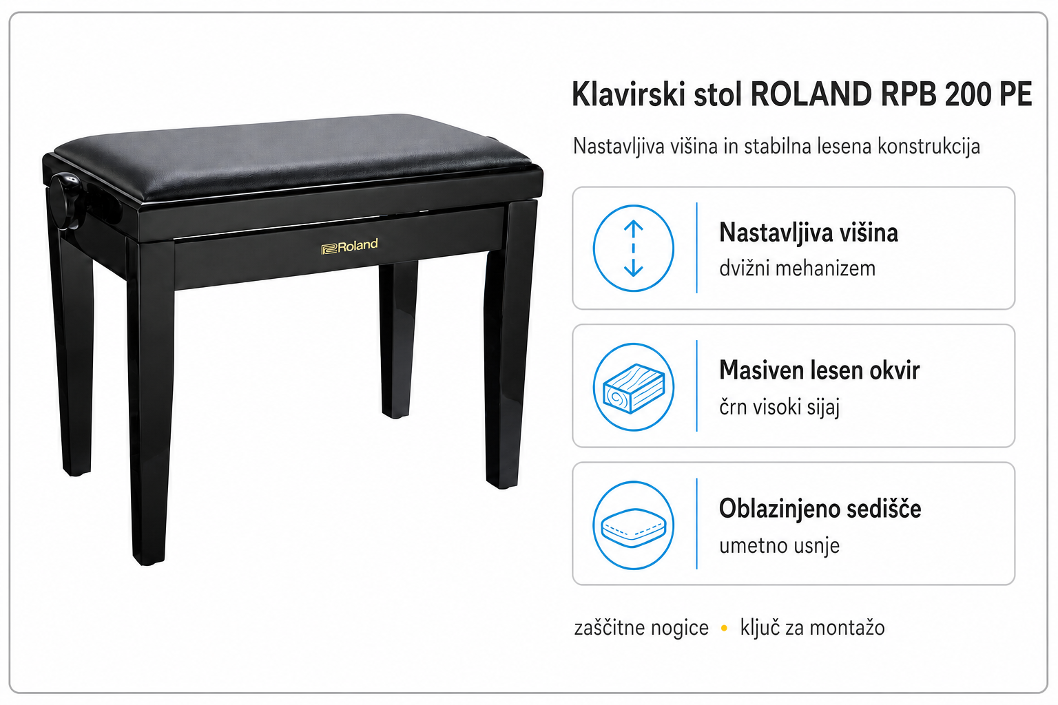 Klavirski stol ROLAND RPB 200 PE v črnem visokem sijaju z nastavljivo višino