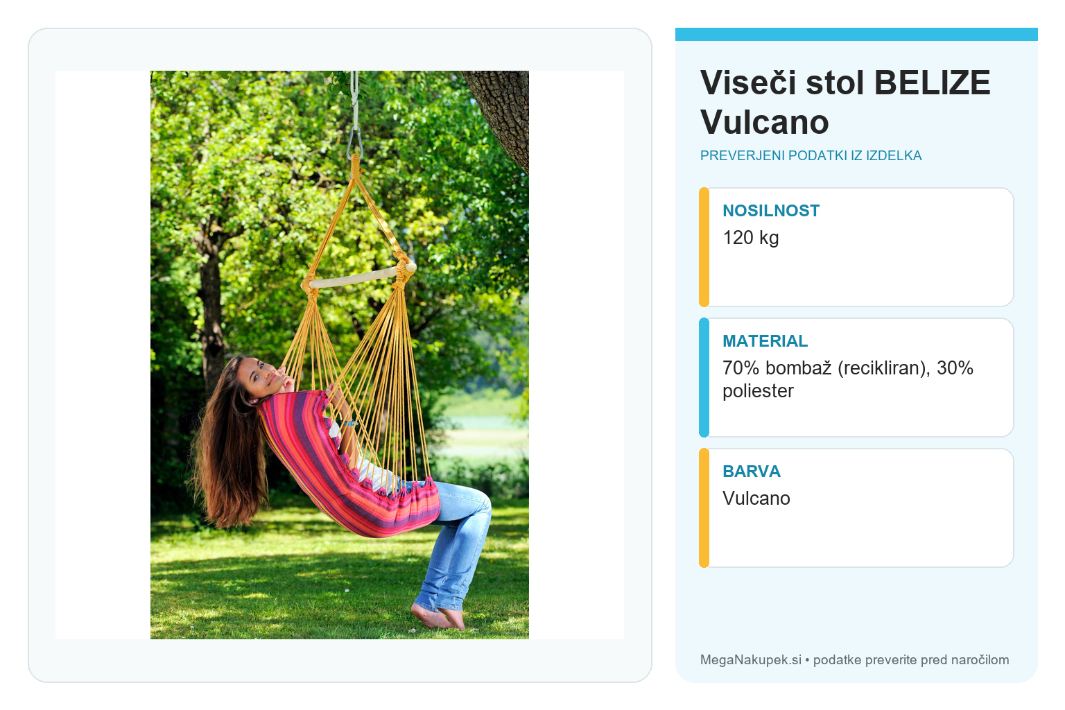 Viseči stol BELIZE Vulcano – infografika s preverjenimi podatki
