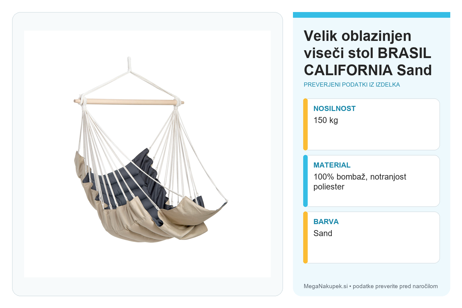 Velik oblazinjen viseči stol BRASIL CALIFORNIA Sand – infografika s preverjenimi podatki