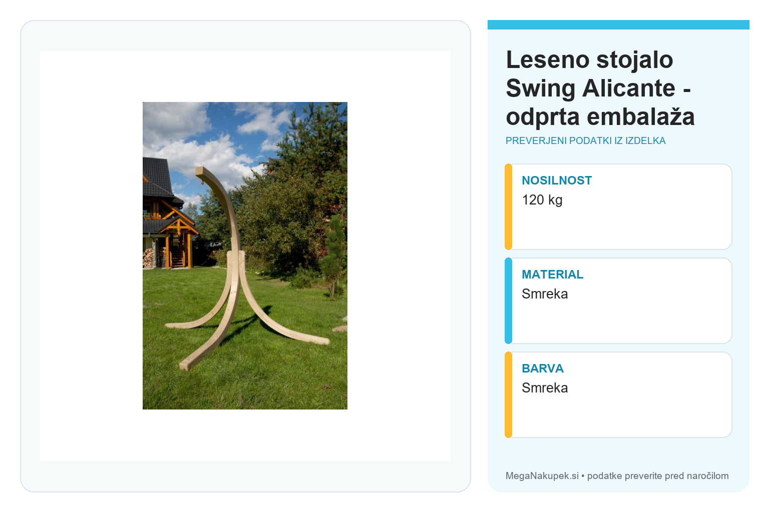 Leseno stojalo Swing Alicante - odprta embalaža – infografika s tehničnimi podatki