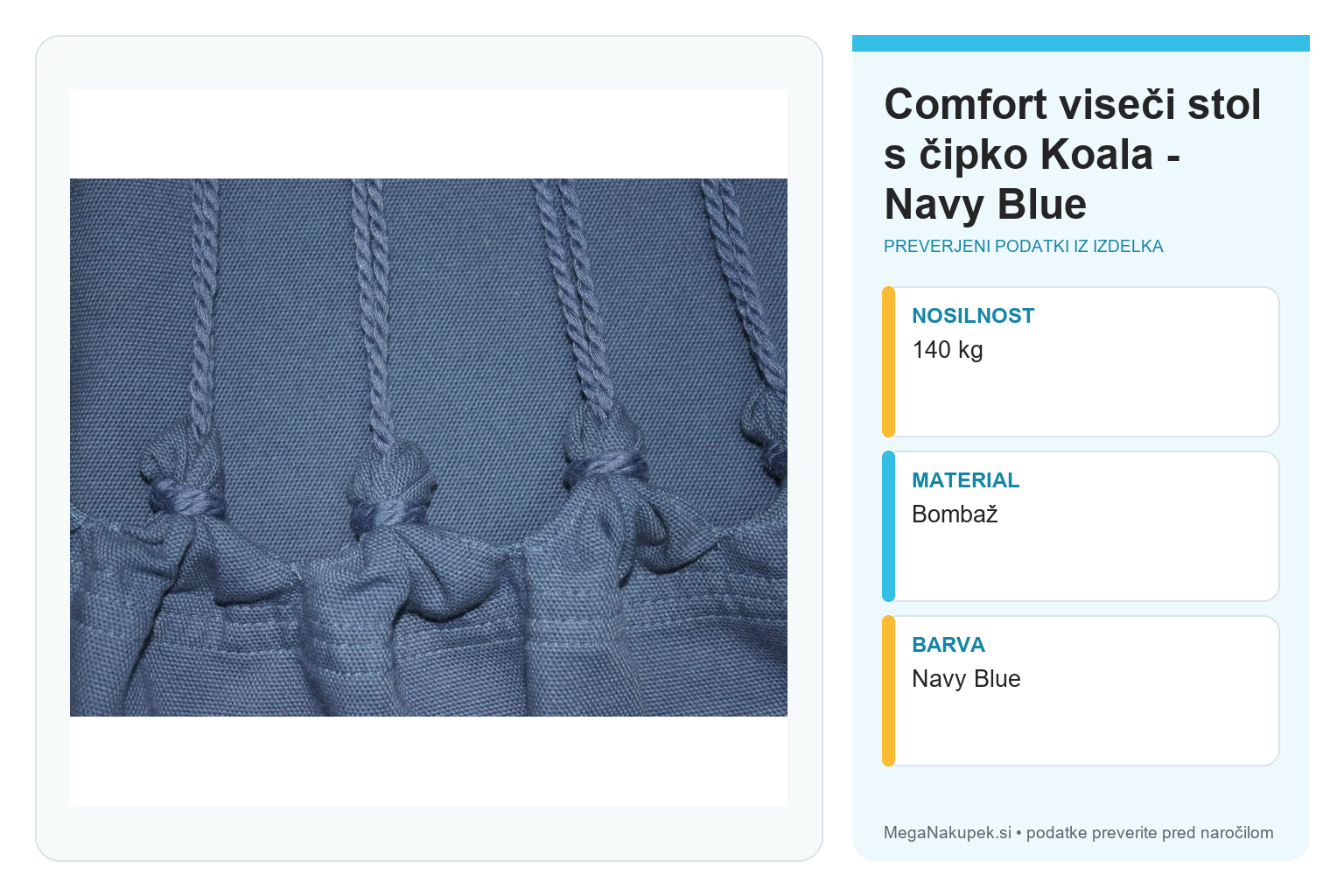 Comfort viseči stol s čipko Koala - Navy Blue – infografika s tehničnimi podatki