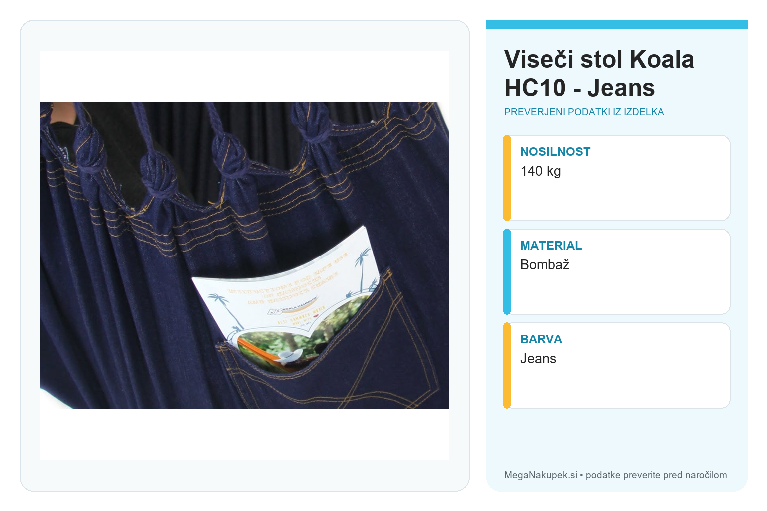 Viseči stol Koala HC10 - Jeans – infografika s tehničnimi podatki
