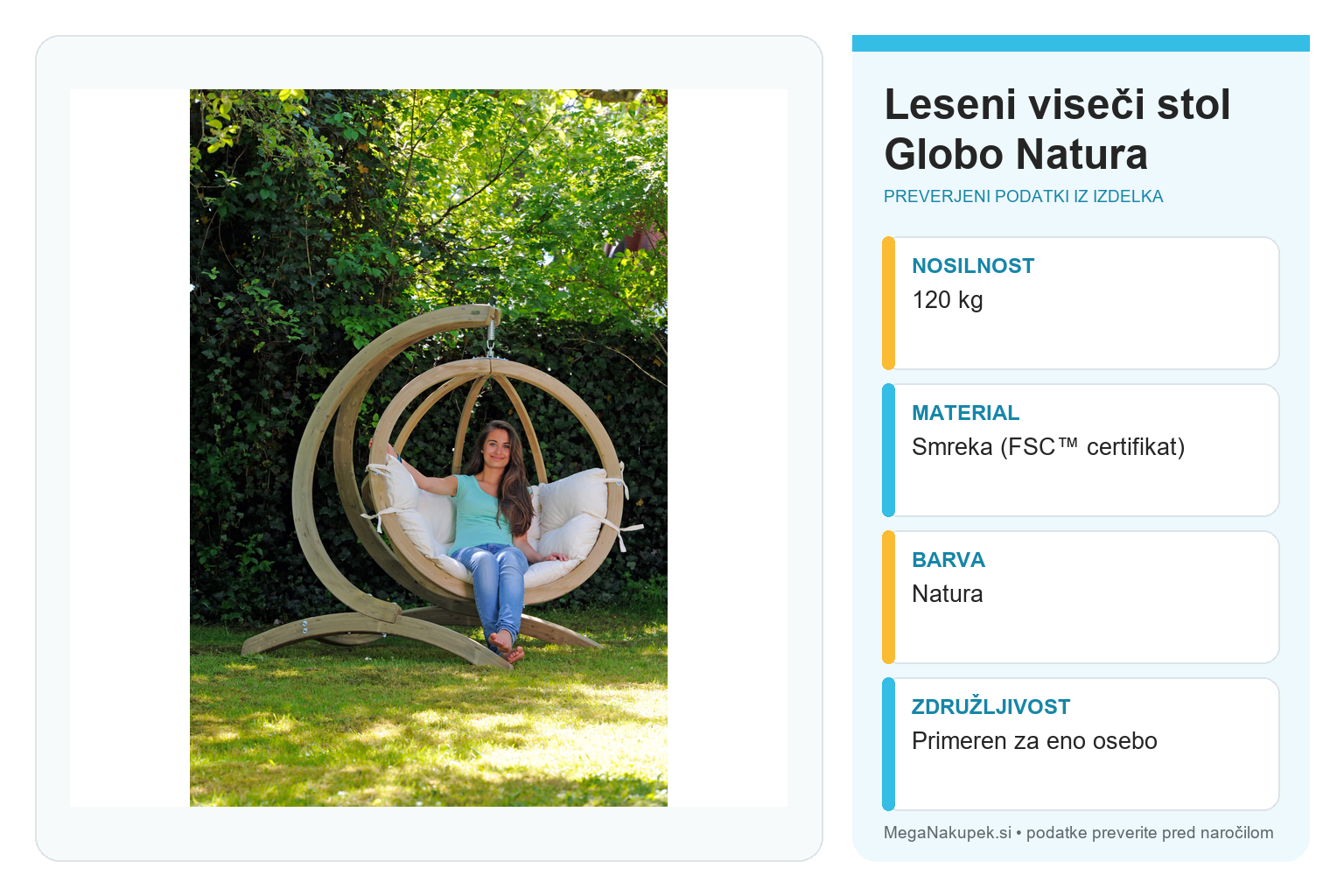 Leseni viseči stol Globo Natura – infografika s tehničnimi podatki
