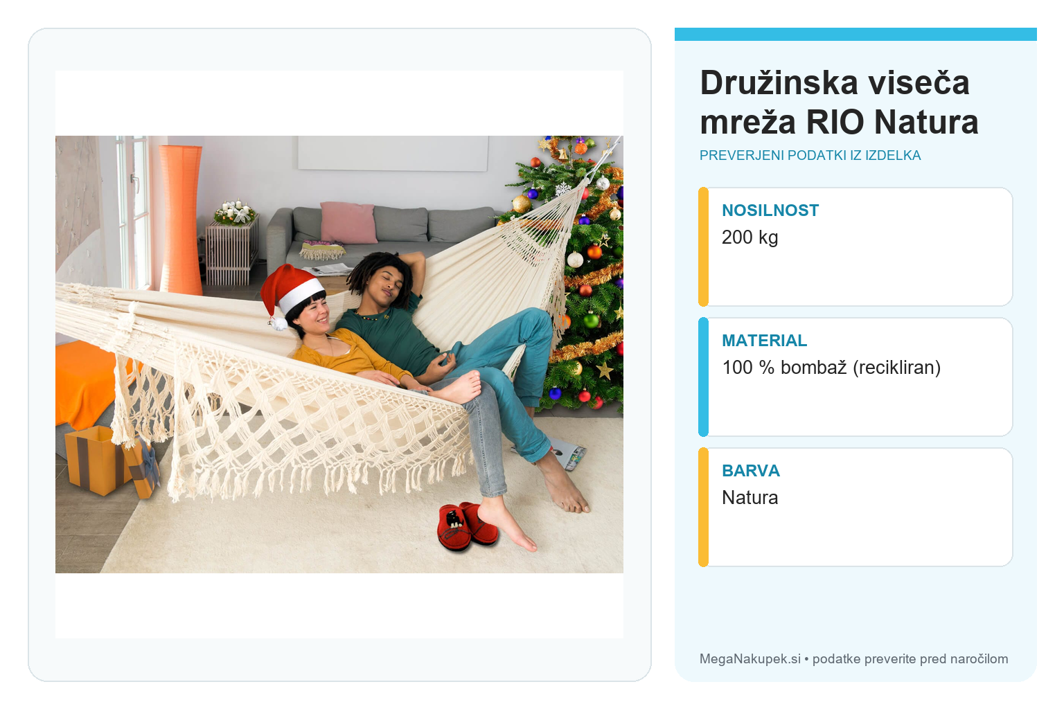 Družinska viseča mreža RIO Natura – infografika s tehničnimi podatki