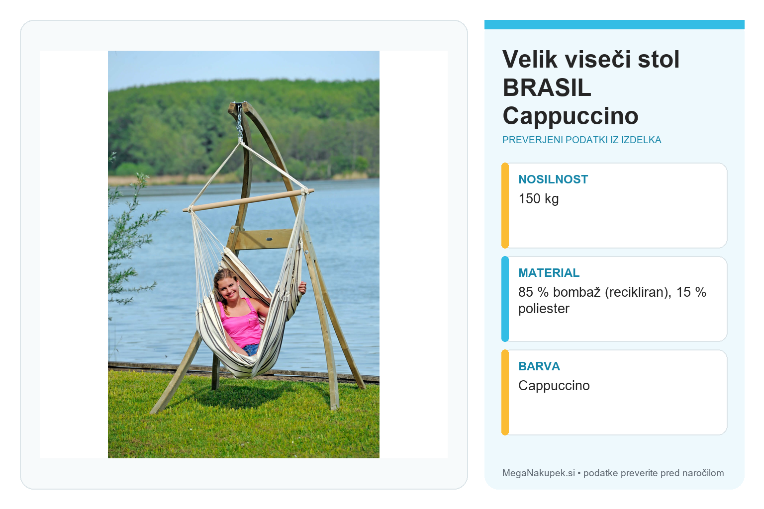 Velik viseči stol BRASIL Cappuccino – infografika s tehničnimi podatki