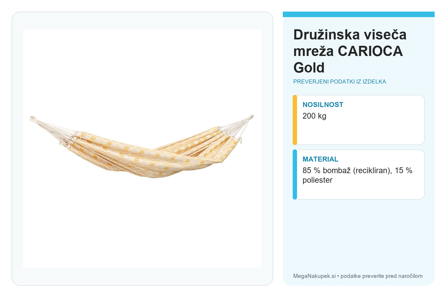 Družinska viseča mreža CARIOCA Gold – infografika s tehničnimi podatki