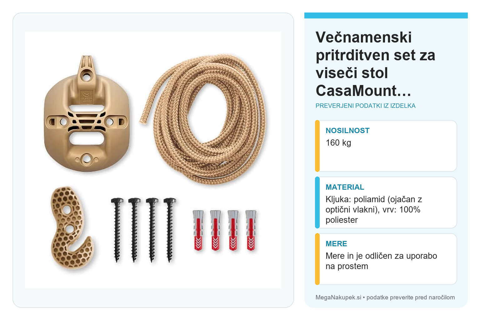 Večnamenski pritrditven set za viseči stol CasaMount bež – infografika s preverjenimi podatki