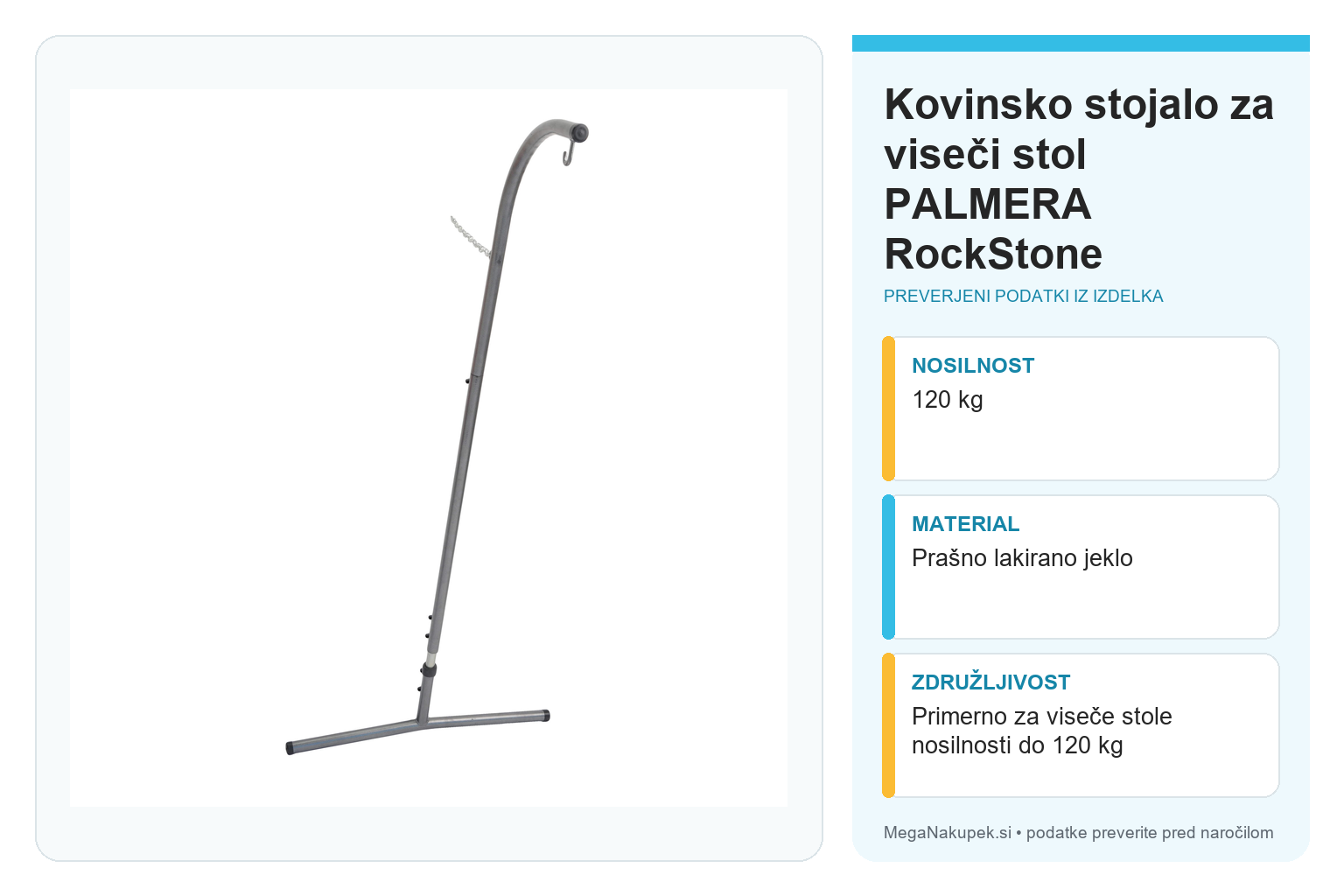 Kovinsko stojalo za viseči stol PALMERA RockStone – infografika s preverjenimi podatki