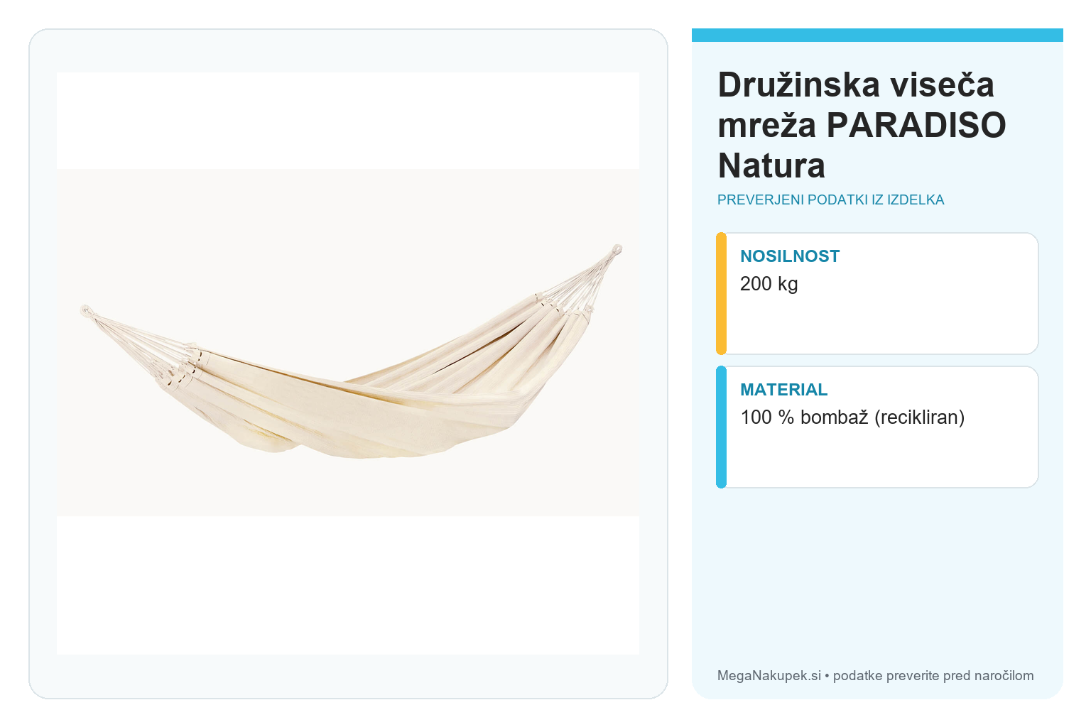 Družinska viseča mreža PARADISO Natura – infografika s preverjenimi podatki