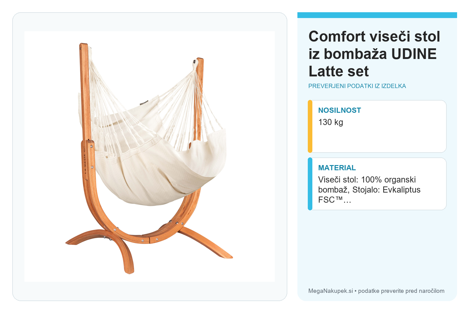 Comfort viseči stol iz bombaža UDINE Latte set – infografika s preverjenimi podatki