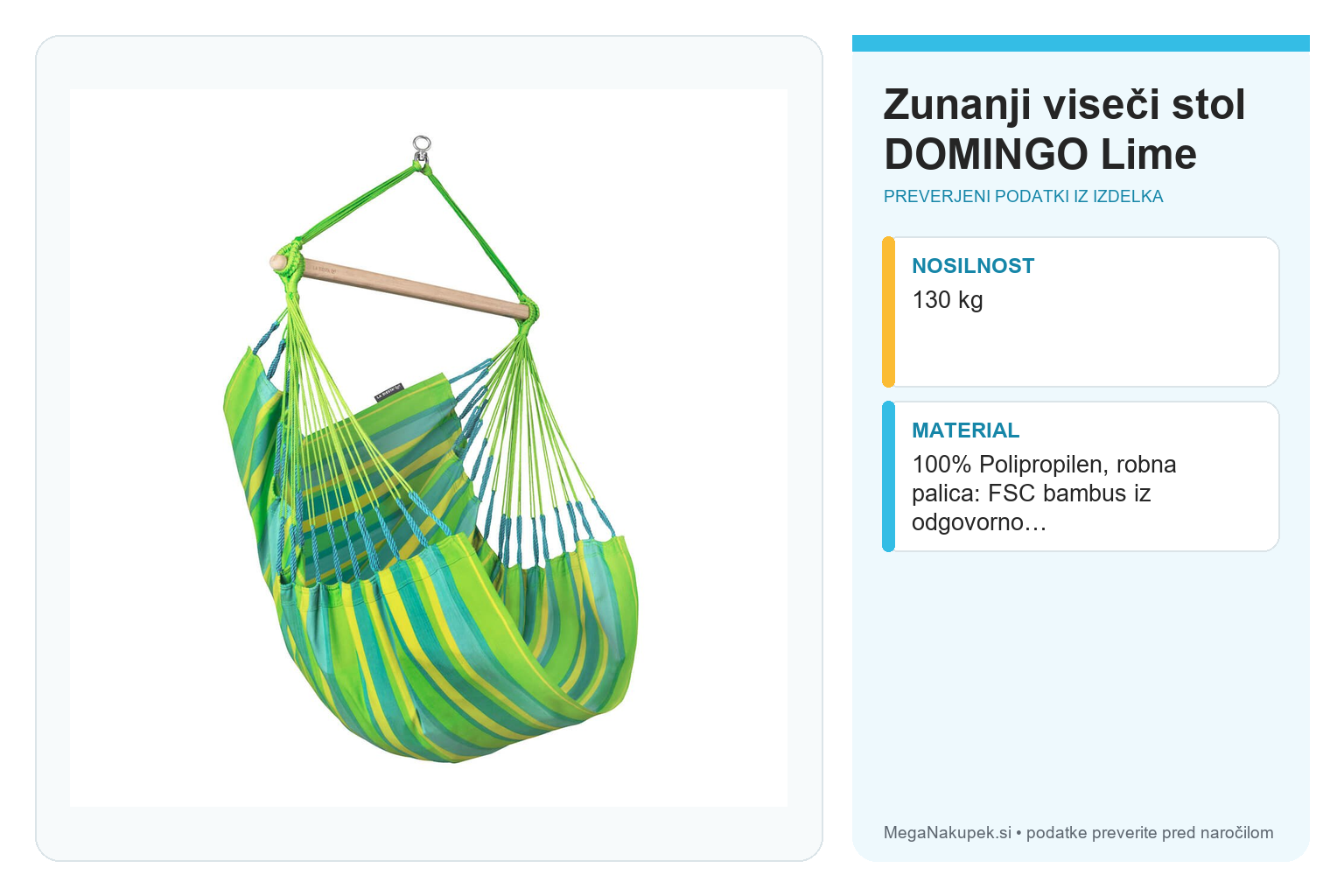 Zunanji viseči stol DOMINGO Lime – infografika s preverjenimi podatki