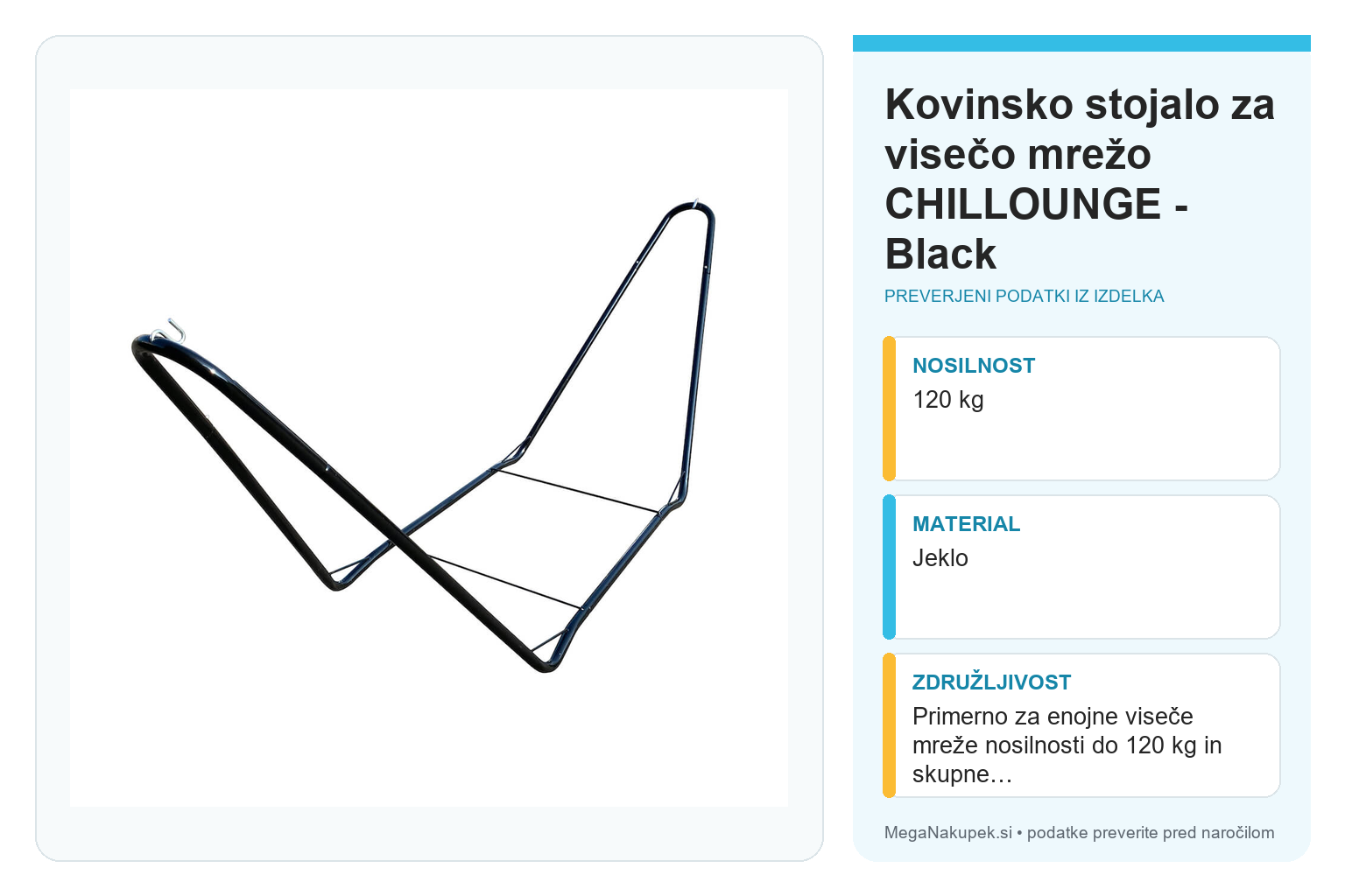Kovinsko stojalo za visečo mrežo CHILLOUNGE - Black – infografika s tehničnimi podatki