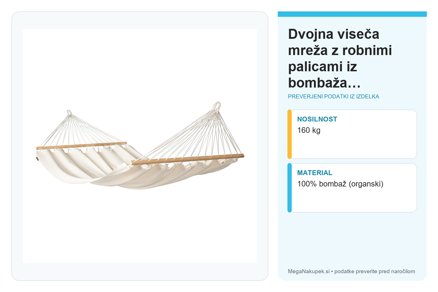 Dvojna viseča mreža z robnimi palicami iz bombaža FLORENCIA Latte – infografika s preverjenimi podatki