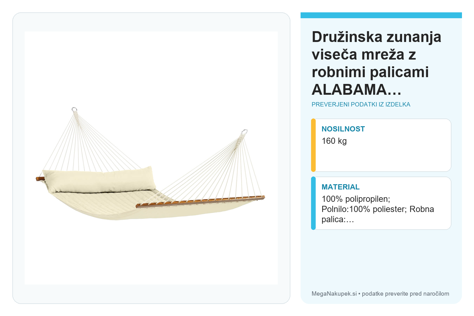 Družinska zunanja viseča mreža z robnimi palicami ALABAMA Vanilla – infografika s preverjenimi podatki