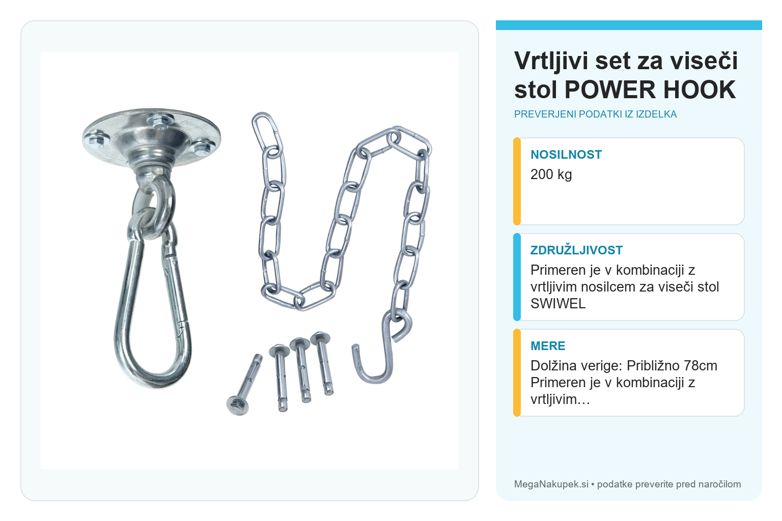 Vrtljivi set za viseči stol POWER HOOK – infografika s tehničnimi podatki