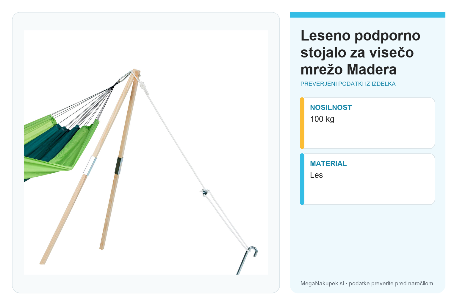 Leseno podporno stojalo za visečo mrežo Madera – infografika s preverjenimi podatki