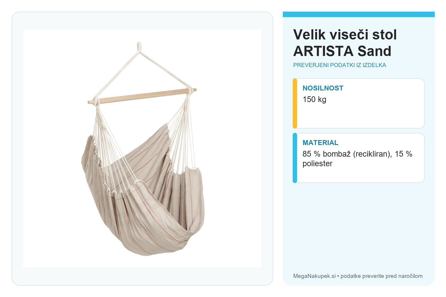 Velik viseči stol ARTISTA Sand – infografika s preverjenimi podatki