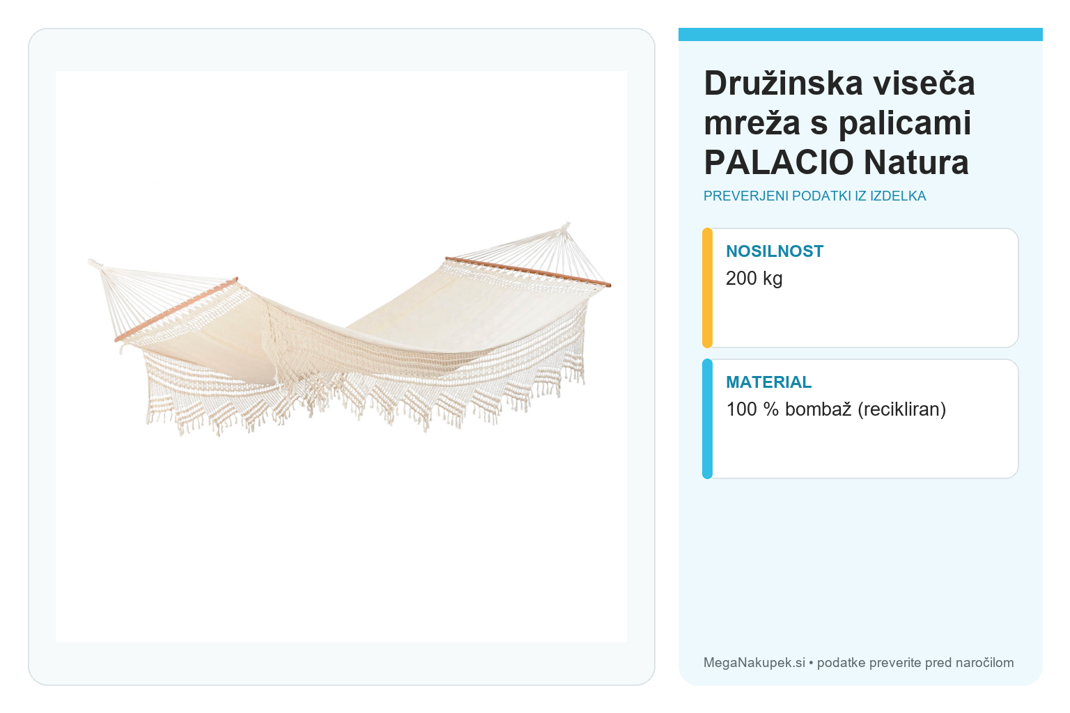 Družinska viseča mreža s palicami PALACIO Natura – infografika s preverjenimi podatki