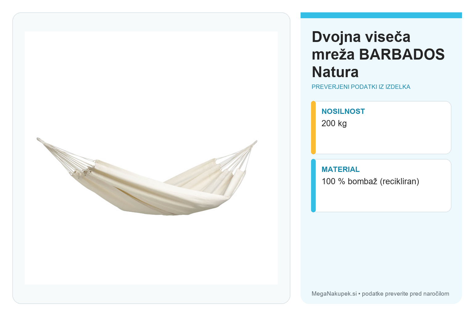 Dvojna viseča mreža BARBADOS Natura – infografika s preverjenimi podatki