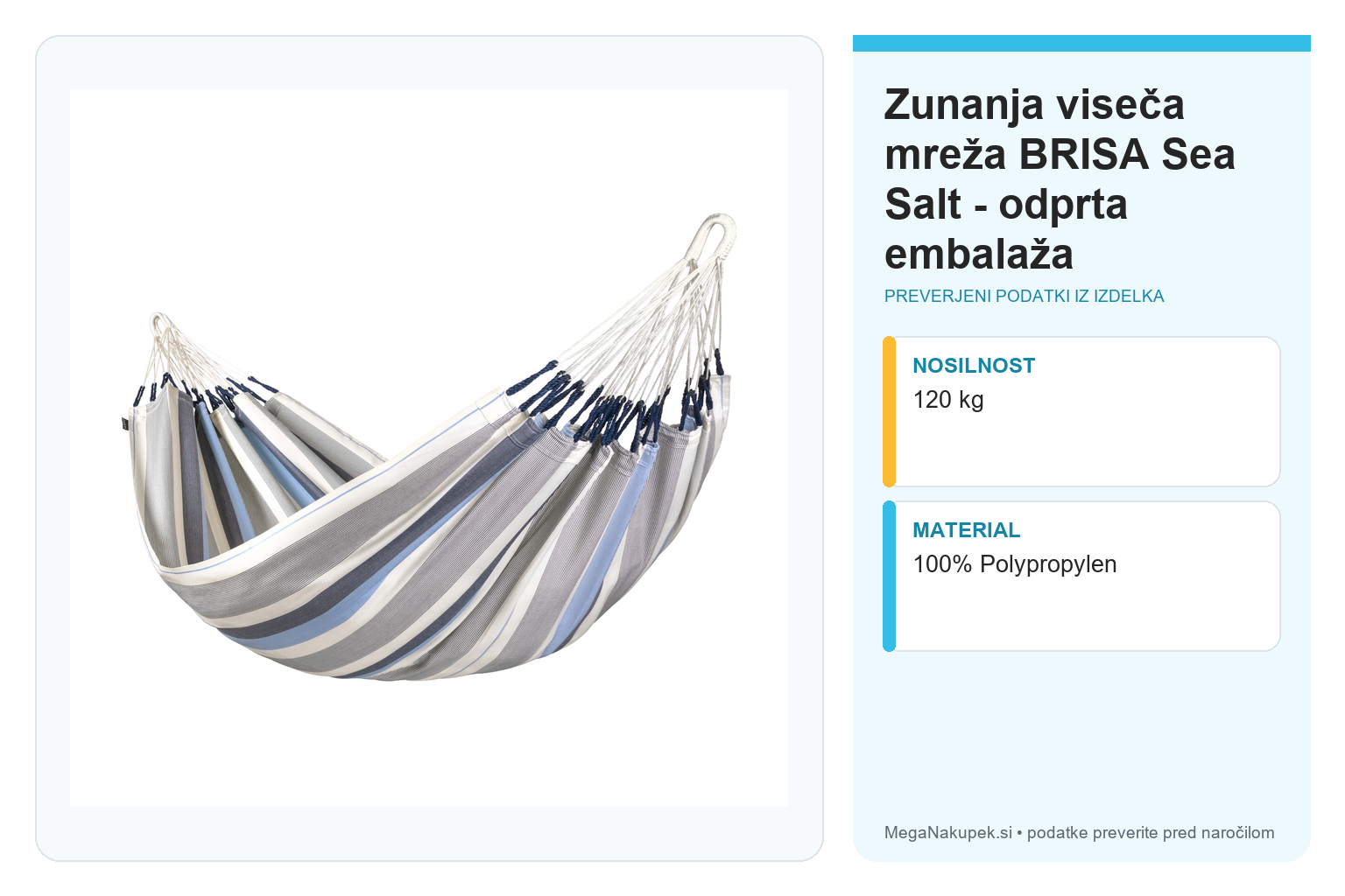 Zunanja viseča mreža BRISA Sea Salt - odprta embalaža – infografika s preverjenimi podatki