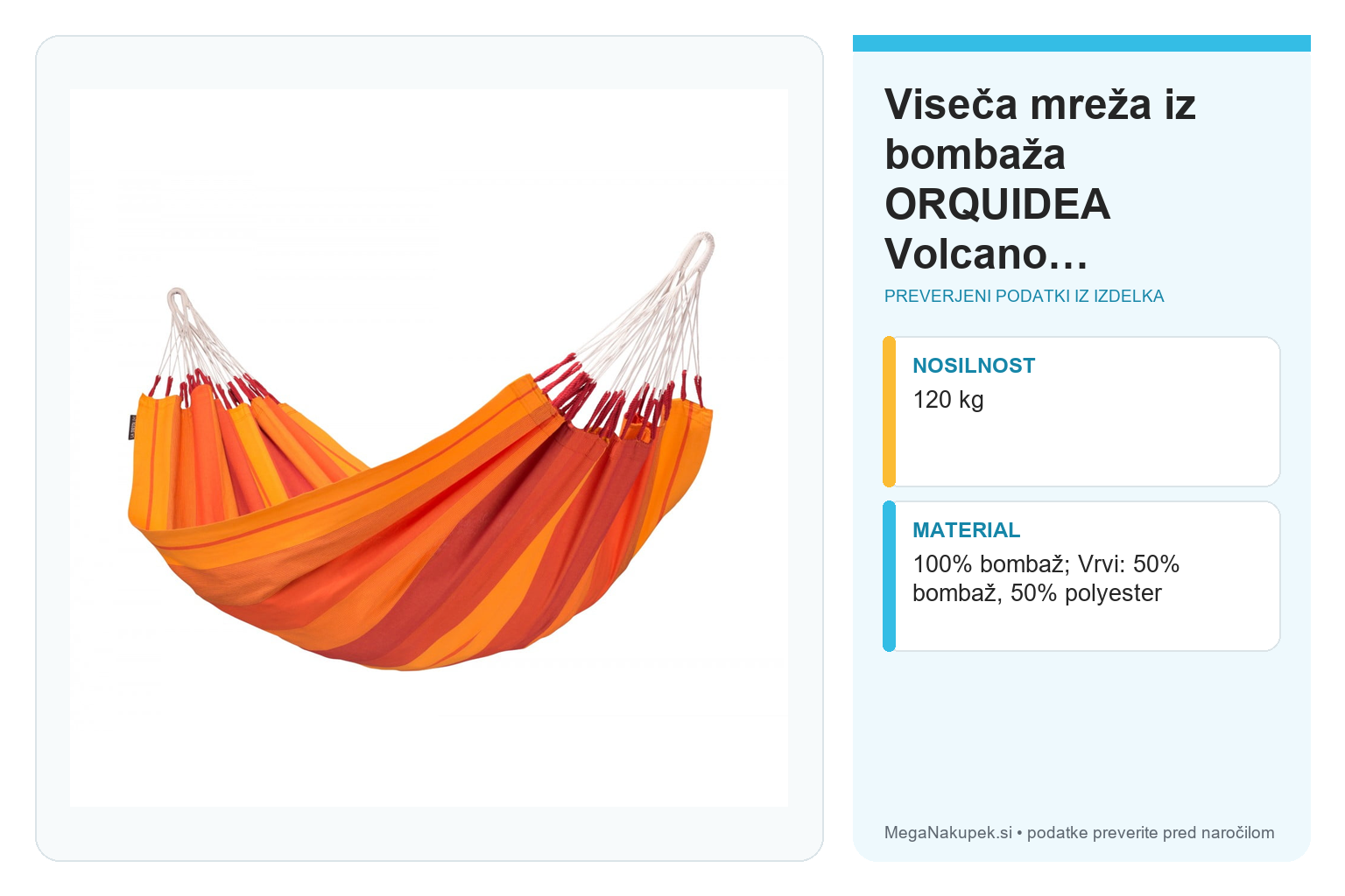 Viseča mreža iz bombaža ORQUIDEA Volcano - brez original embalaže – infografika s preverjenimi podatki