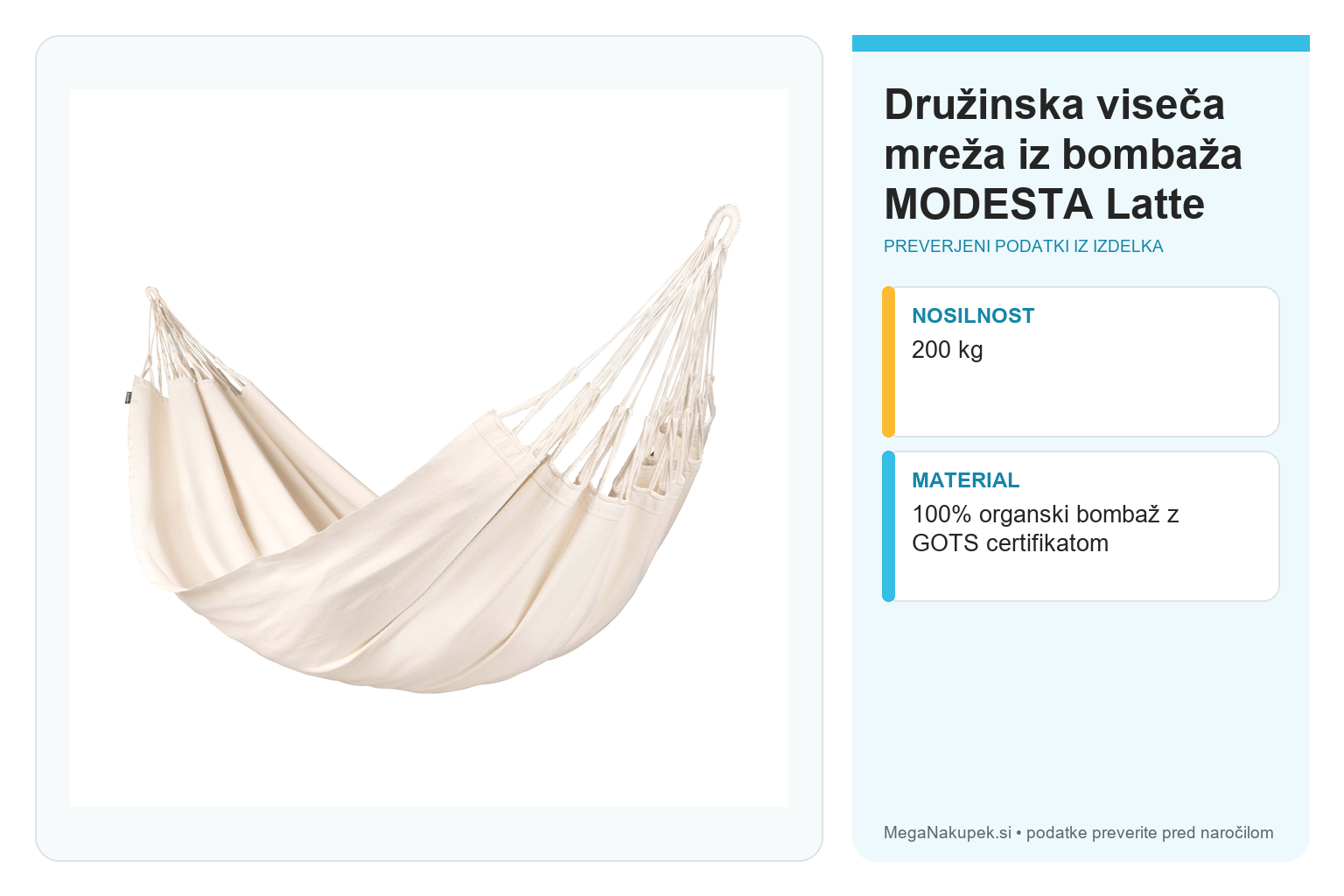 Družinska viseča mreža iz bombaža MODESTA Latte – infografika s preverjenimi podatki