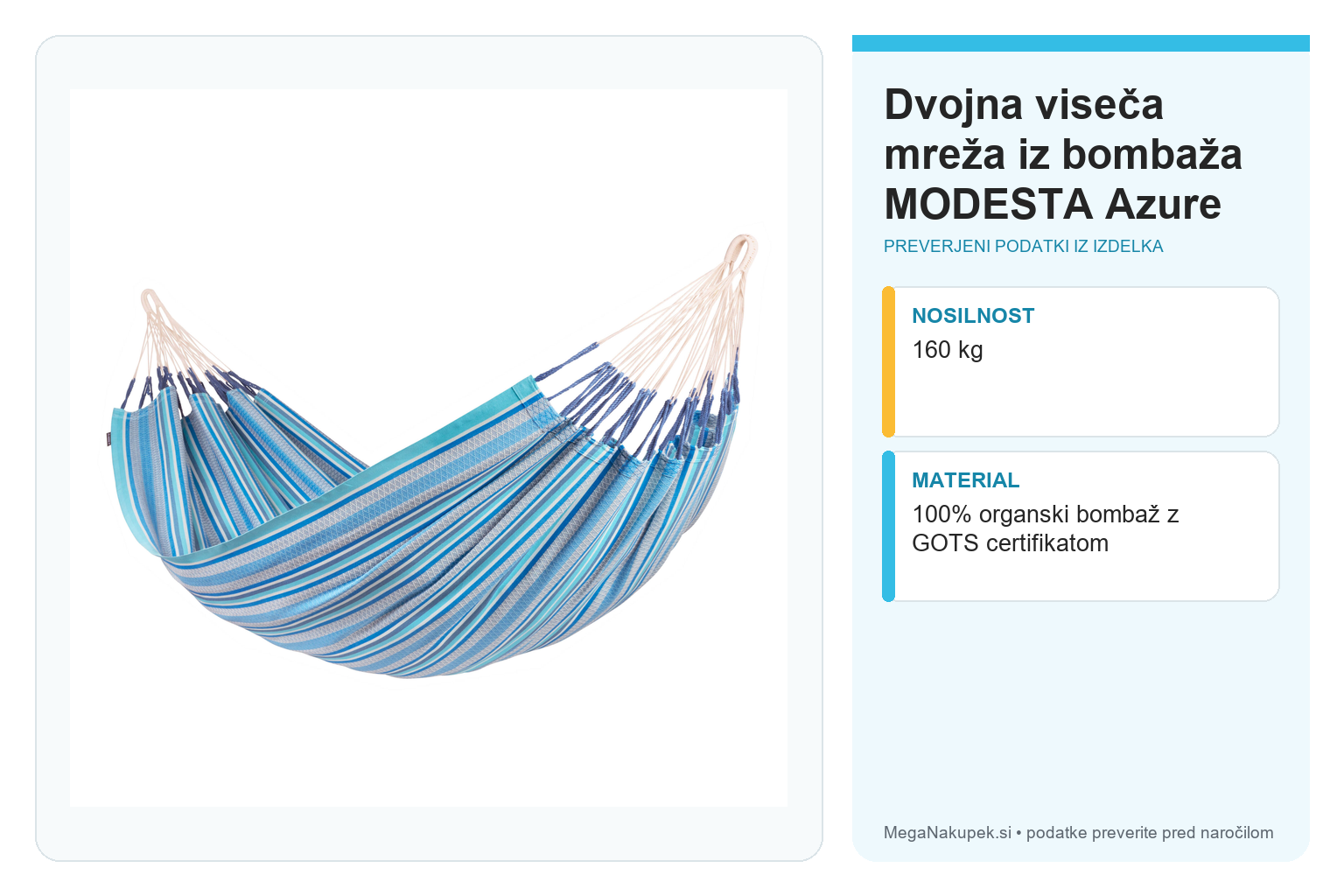 Dvojna viseča mreža iz bombaža MODESTA Azure – infografika s tehničnimi podatki