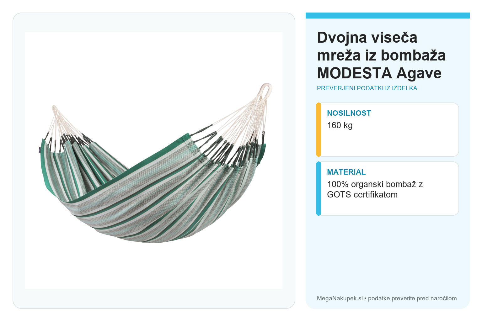 Dvojna viseča mreža iz bombaža MODESTA Agave – infografika s tehničnimi podatki
