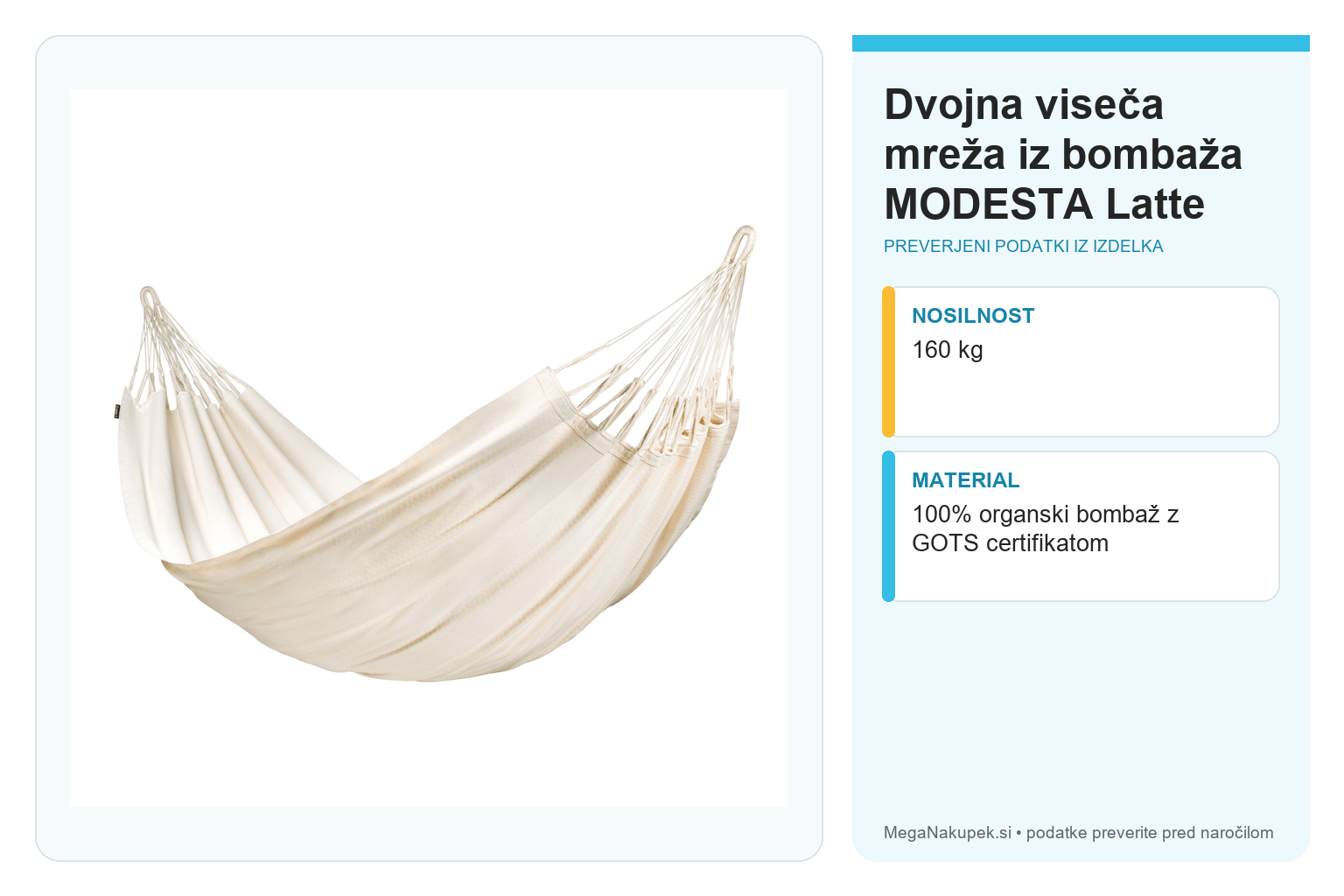 Dvojna viseča mreža iz bombaža MODESTA Latte – infografika s tehničnimi podatki