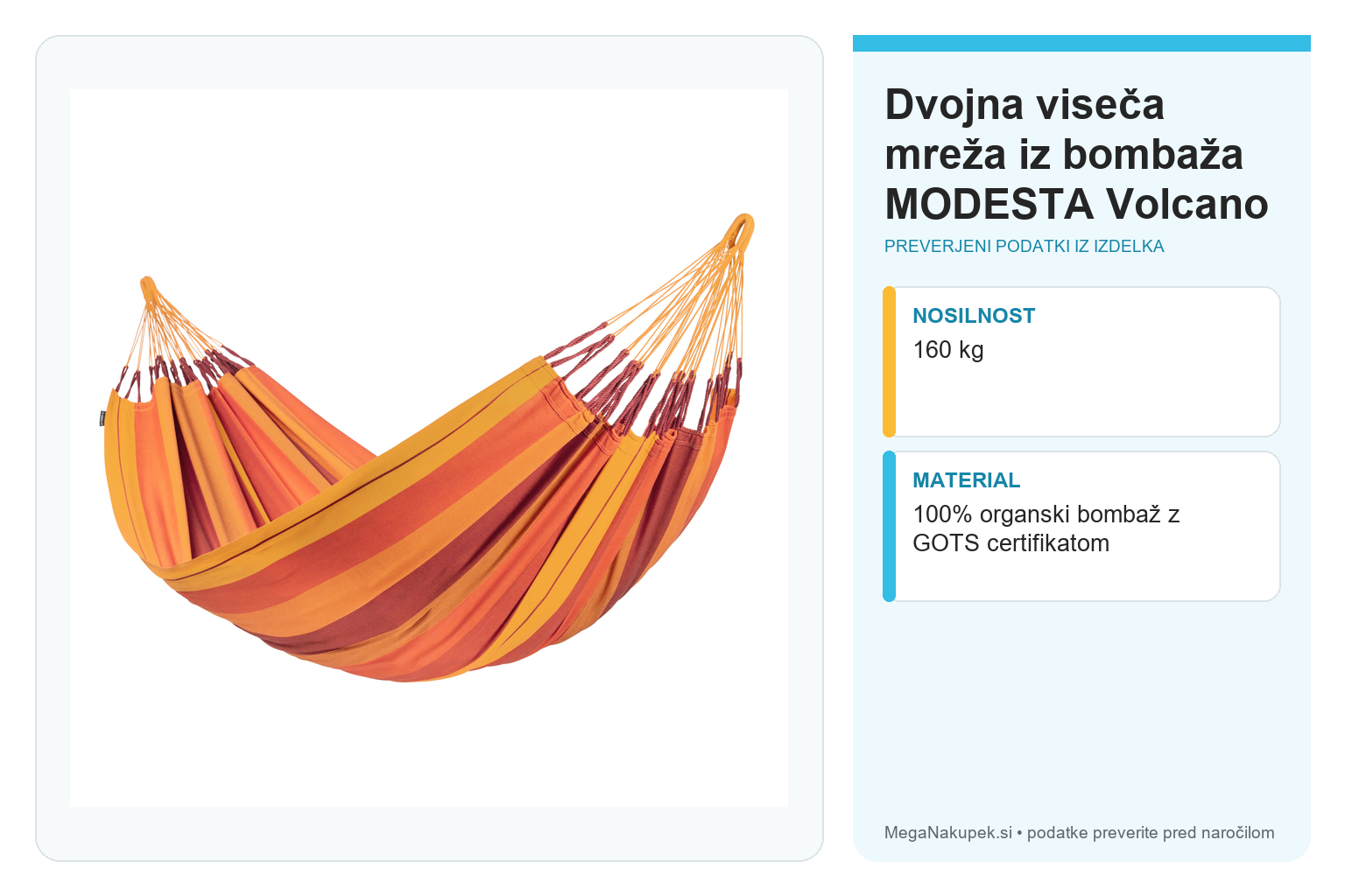 Dvojna viseča mreža iz bombaža MODESTA Volcano – infografika s tehničnimi podatki