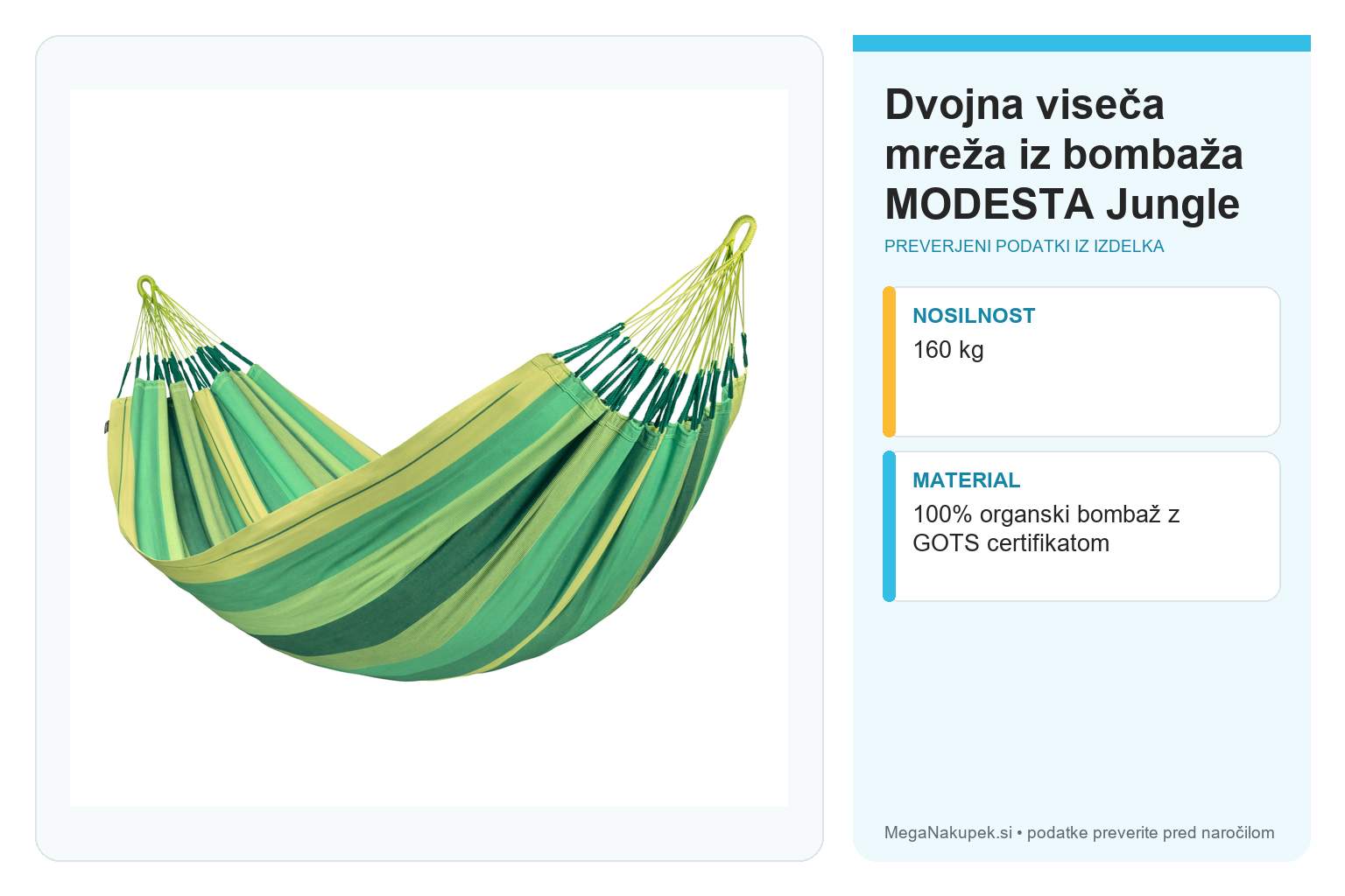 Dvojna viseča mreža iz bombaža MODESTA Jungle – infografika s preverjenimi podatki
