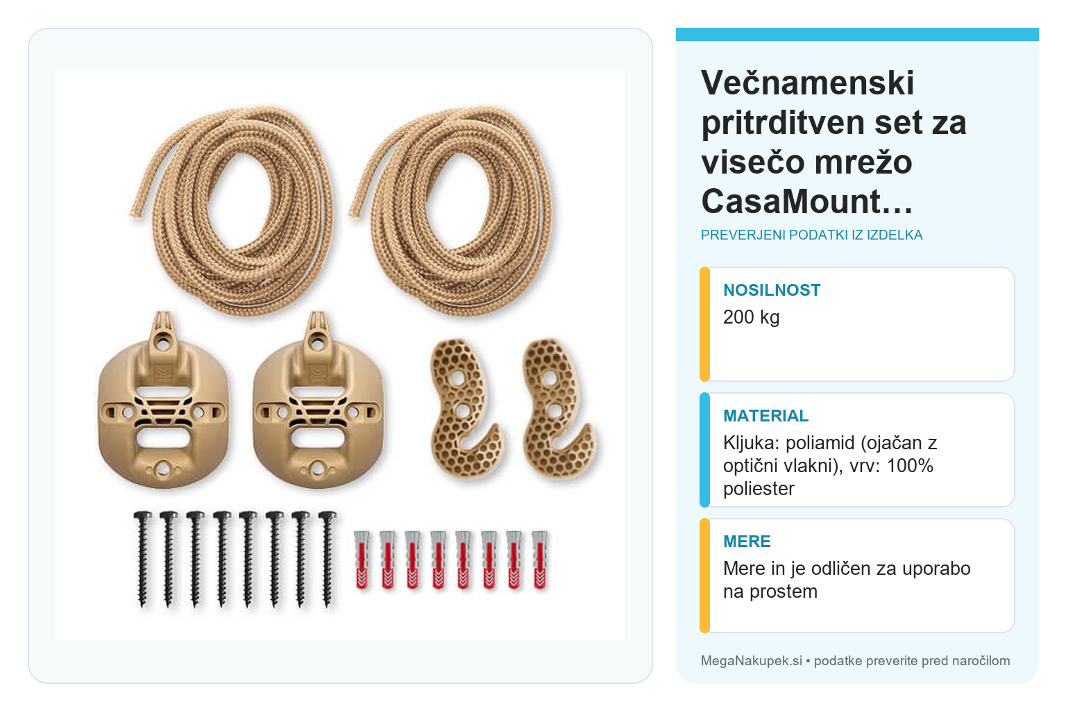 Večnamenski pritrditven set za visečo mrežo CasaMount bež – infografika s preverjenimi podatki