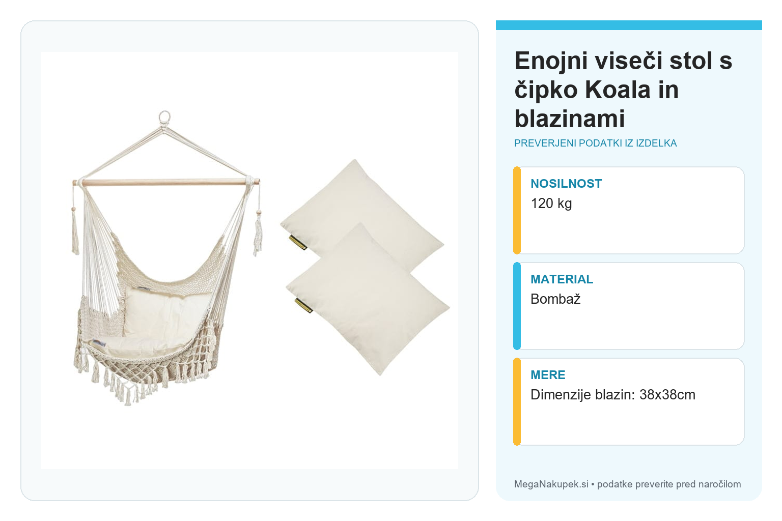 Enojni viseči stol s čipko Koala in blazinami – infografika s tehničnimi podatki