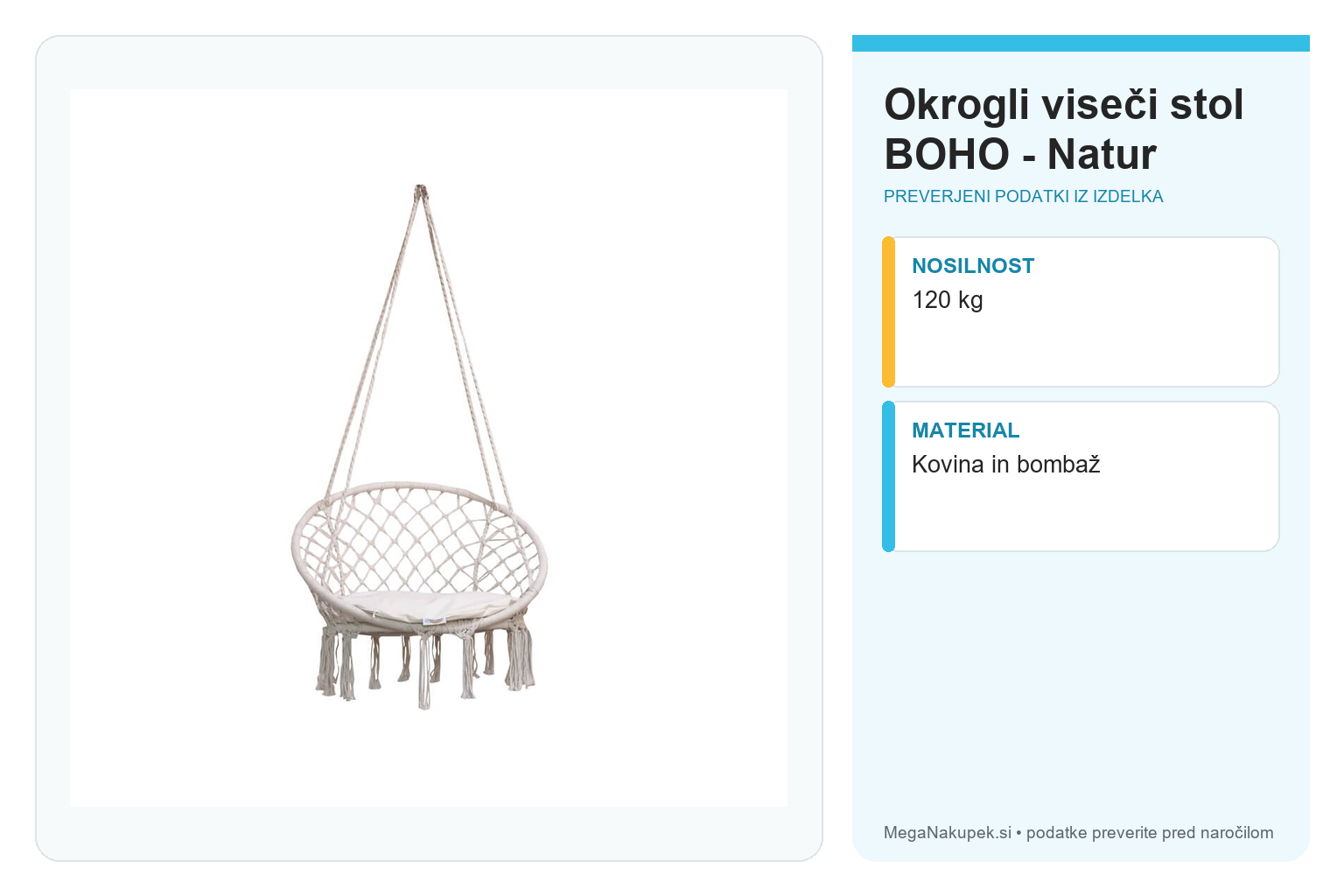 Okrogli viseči stol BOHO - Natur – infografika s tehničnimi podatki