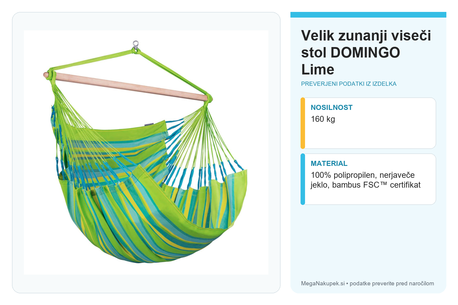 Velik zunanji viseči stol DOMINGO Lime – infografika s preverjenimi podatki