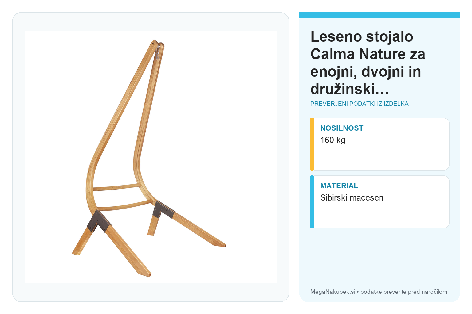 Leseno stojalo Calma Nature za enojni, dvojni in družinski viseči stol – infografika s preverjenimi podatki